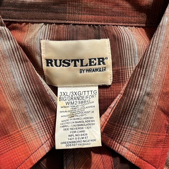 Rustler by Wrangler western cowboy rodeo fair ranch rust plaid long sleeve 3XL. - Picture 6 of 6